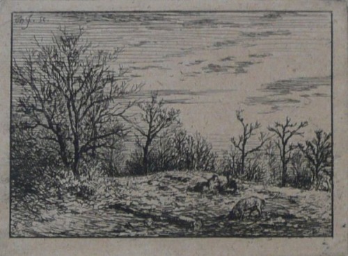 Jacque Charles-Emile-Pejzaż ze świnią, akwaforta, XIX w.